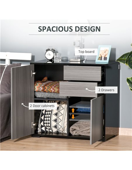 HOMCOM Modern Stylish Freestanding Push-Open Design Cabinet with 2 Drawer, 2 Door Cabinet, 2 Part Inner Space-Light Grey and Bla - pic 92525 | FastDaddyshop