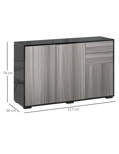 HOMCOM Sideboard High Gloss, 2 Drawer Push-Open Cabinet for Living Room, Bedroom, Light Grey and Black 838-077