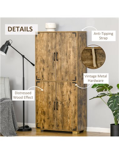 HOMCOM Farmhouse Style Tall Cupboard 4-Door Cabinet with Storage Shelves for Bedroom & Living Room, Rustic Wood Effect 838-194V0