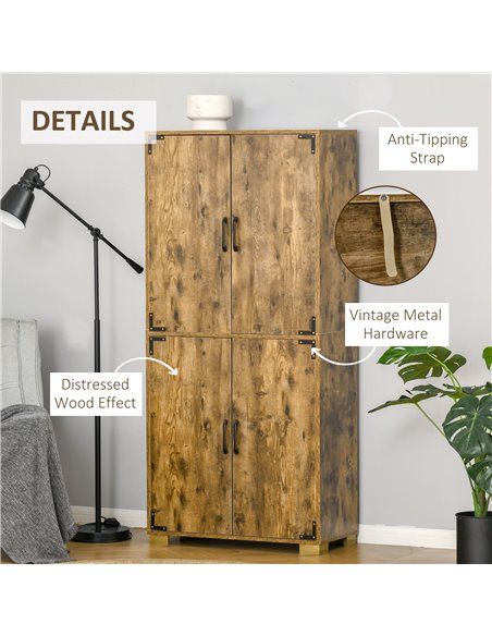 HOMCOM Farmhouse Style Tall Cupboard 4-Door Cabinet with Storage Shelves for Bedroom & Living Room, Rustic Wood Effect 838-194V0 - pic 92598 | FastDaddyshop