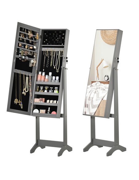 HOMCOM Lockable Jewellery Cabinet with Full-Length Mirror, Armoire Organiser for Bedroom Dressing Room, Grey 831-462GY - pic 92603 | FastDaddyshop