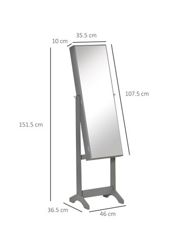 HOMCOM Lockable Jewellery Cabinet with Full-Length Mirror, Armoire Organiser for Bedroom Dressing Room, Grey 831-462GY