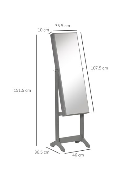 HOMCOM Lockable Jewellery Cabinet with Full-Length Mirror, Armoire Organiser for Bedroom Dressing Room, Grey 831-462GY - pic 92605 | FastDaddyshop