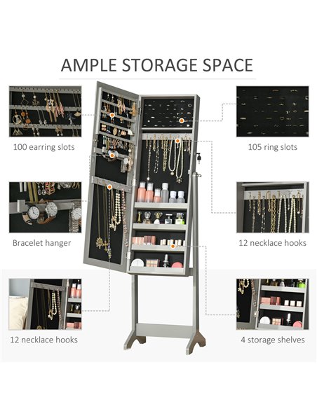 HOMCOM Lockable Jewellery Cabinet with Full-Length Mirror, Armoire Organiser for Bedroom Dressing Room, Grey 831-462GY - pic 92606 | FastDaddyshop