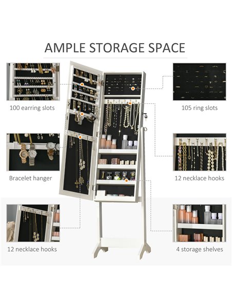 HOMCOM Lockable Jewellery Cabinet with Full-Length Mirror, Armoire Organiser for Bedroom Dressing Room, White 831-462WT - pic 92615 | FastDaddyshop