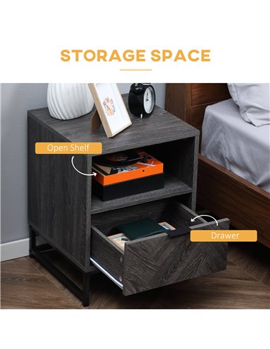HOMCOM Bedside Cabinets: Dual Nightstands with Drawer & Shelf, Steel Legs for Living & Bedroom, Charcoal Grey 831-P070