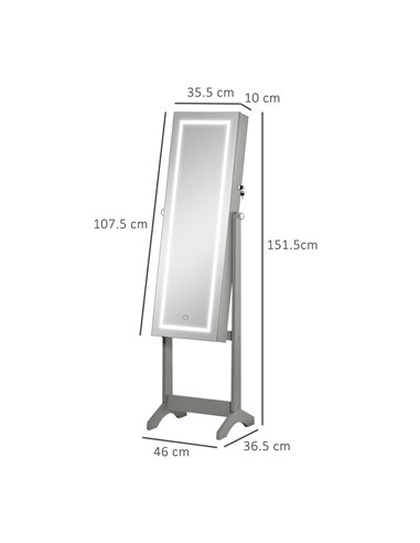 HOMCOM Jewellery Cabinet with LED Light, Lockable Jewellery Organiser with Full-Length Mirror for Bedroom Dressing Room, Grey 83