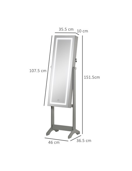 HOMCOM Jewellery Cabinet with LED Light, Lockable Jewellery Organiser with Full-Length Mirror for Bedroom Dressing Room, Grey 83 - pic 92785 | FastDaddyshop