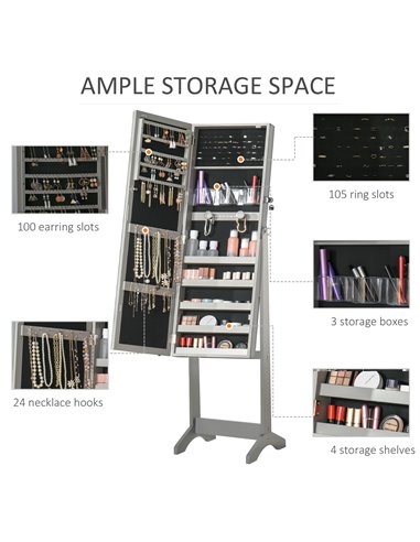 HOMCOM Jewellery Cabinet with LED Light, Lockable Jewellery Organiser with Full-Length Mirror for Bedroom Dressing Room, Grey 83