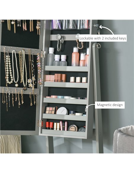HOMCOM Jewellery Cabinet with LED Light, Lockable Jewellery Organiser with Full-Length Mirror for Bedroom Dressing Room, Grey 83 - pic 92789 | FastDaddyshop