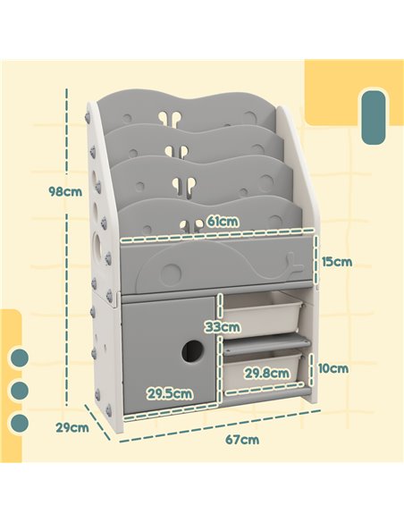 AIYAPLAY Kids Storage Units with 2 Storage Boxes, 4 Tier Bookshelf, Cabinet, 67 x 29 x 98cm Light Grey 311-073V00LG - pic 92794 | FastDaddyshop
