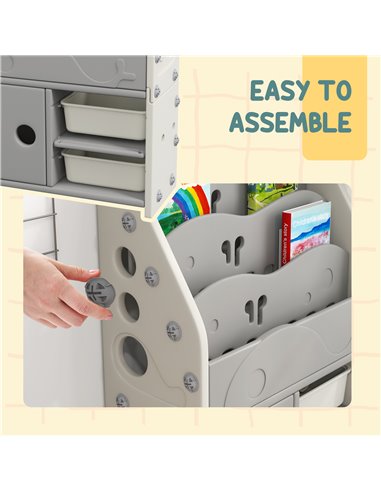 AIYAPLAY Kids Storage Units with 2 Storage Boxes, 4 Tier Bookshelf, Cabinet, 67 x 29 x 98cm Light Grey 311-073V00LG