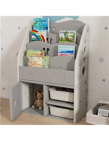 AIYAPLAY Kids Storage Units with 2 Storage Boxes, 4 Tier Bookshelf, Cabinet, 67 x 29 x 98cm Light Grey 311-073V00LG