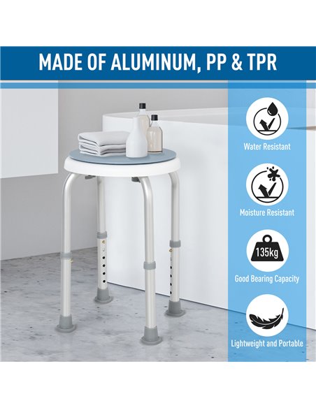 HOMCOM Swivel Shower Seat, Adjustable Height, Aluminium Frame, Non-Slip Feet, Safe Support Chair for Home Assistance, White. 713 - pic 92842 | FastDaddyshop
