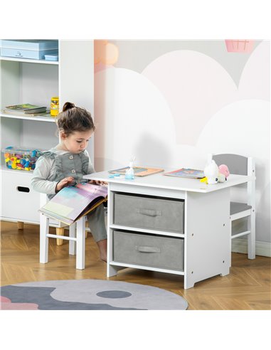 HOMCOM 3 Pcs Kids Table & Chairs Set Mini Seating Furniture Home Playroom w/ Storage Drawers Safe Corners for 2-4 Years old Whit