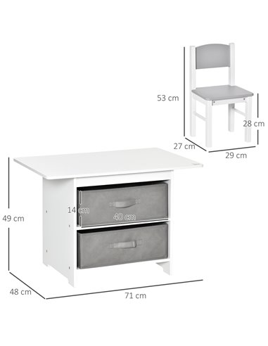 HOMCOM 3 Pcs Kids Table & Chairs Set Mini Seating Furniture Home Playroom w/ Storage Drawers Safe Corners for 2-4 Years old Whit