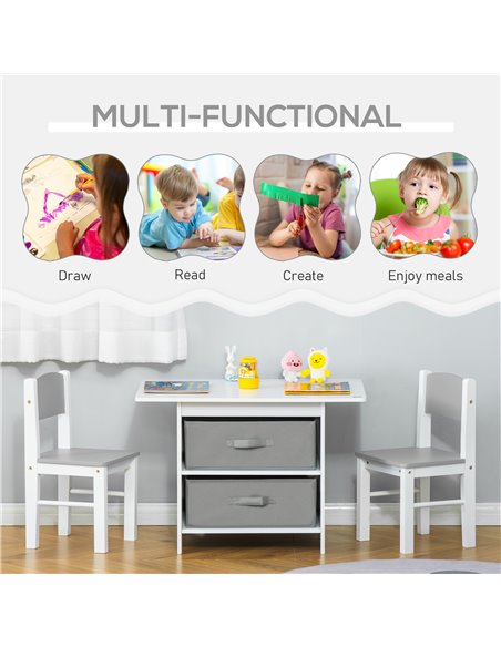 HOMCOM 3 Pcs Kids Table & Chairs Set Mini Seating Furniture Home Playroom w/ Storage Drawers Safe Corners for 2-4 Years old Whit - pic 92858 | FastDaddyshop