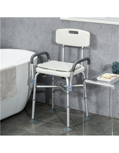 HOMCOM Shower Stool: Adjustable Aluminium Bath Chair with Backrest, Armrests, Detachable Padded Seat, Non-Slip, Whitewater 713-1