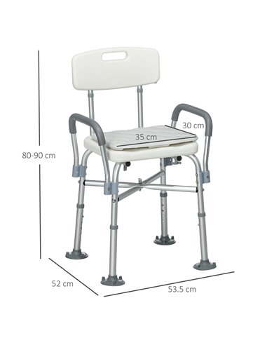 HOMCOM Shower Stool: Adjustable Aluminium Bath Chair with Backrest, Armrests, Detachable Padded Seat, Non-Slip, Whitewater 713-1
