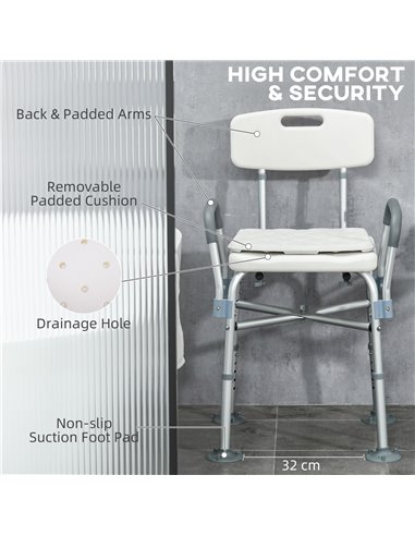 HOMCOM Shower Stool: Adjustable Aluminium Bath Chair with Backrest, Armrests, Detachable Padded Seat, Non-Slip, Whitewater 713-1