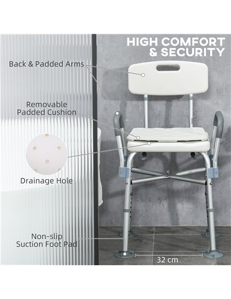 HOMCOM Shower Stool: Adjustable Aluminium Bath Chair with Backrest, Armrests, Detachable Padded Seat, Non-Slip, Whitewater 713-1 - pic 92912 | FastDaddyshop