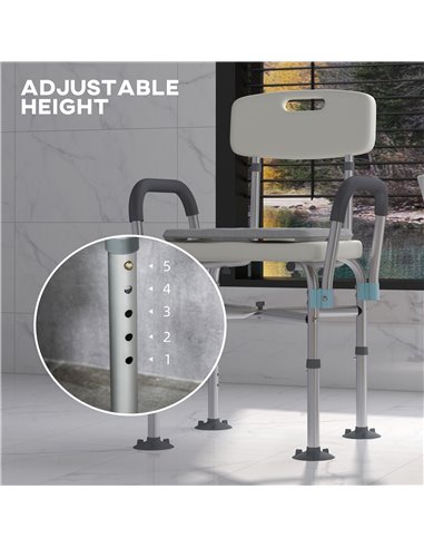 HOMCOM Shower Stool: Adjustable Aluminium Bath Chair with Backrest, Armrests, Detachable Padded Seat, Non-Slip, Whitewater 713-1