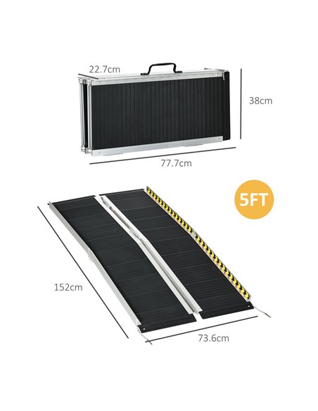 HOMCOM Wheelchair Ramp, 152L x 73Wcm, 272KG Capacity, Folding Aluminium Threshold Ramp w/ Non-Skid Surface, Transition Plates fo - pic 92920 | FastDaddyshop