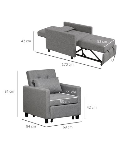 HOMCOM 3-In-1 Chair Bed, Convertible Sleeper Chair with Adjustable Backrest, Pillow and Footrest for Living Room, Grey 839-026V7