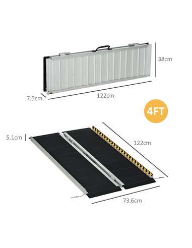 HOMCOM Wheelchair Ramp, 122L x 73Wcm, 272KG Capacity, Folding Aluminium Threshold Ramp w/ Non-Skid Surface, Transition Plates Ab