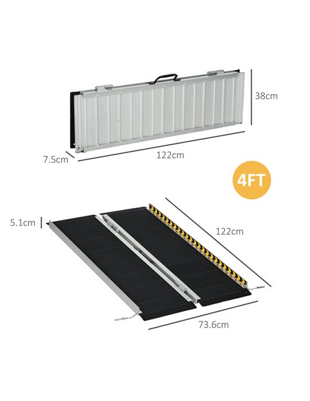 HOMCOM Wheelchair Ramp, 122L x 73Wcm, 272KG Capacity, Folding Aluminium Threshold Ramp w/ Non-Skid Surface, Transition Plates Ab - pic 92938 | FastDaddyshop