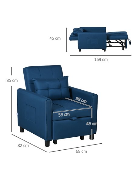HOMCOM 3-In-1 Convertible Chair Bed, Pull Out Sleeper Chair, Fold Out Bed with Adjustable Backrest, Side Pockets, Blue 839-670V7 - pic 92947 | FastDaddyshop