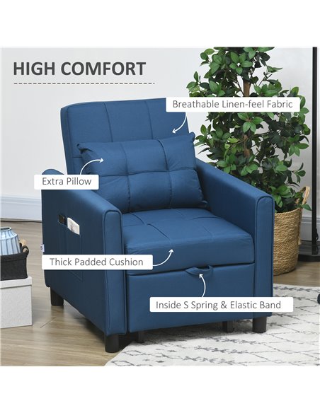 HOMCOM 3-In-1 Convertible Chair Bed, Pull Out Sleeper Chair, Fold Out Bed with Adjustable Backrest, Side Pockets, Blue 839-670V7 - pic 92948 | FastDaddyshop