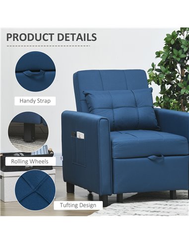 HOMCOM 3-In-1 Convertible Chair Bed, Pull Out Sleeper Chair, Fold Out Bed with Adjustable Backrest, Side Pockets, Blue 839-670V7