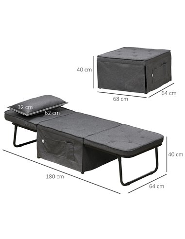 HOMCOM Fabric Sleeper Chair, Folding Chair Bed with Adjustable Backrest, Pillow, Side Pockets for Living Room, Charcoal Grey 839
