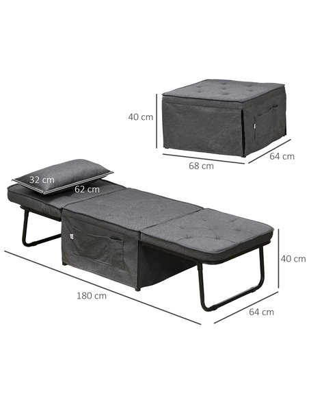 HOMCOM Fabric Sleeper Chair, Folding Chair Bed with Adjustable Backrest, Pillow, Side Pockets for Living Room, Charcoal Grey 839 - pic 92974 | FastDaddyshop
