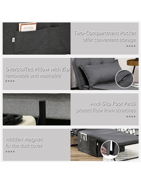 HOMCOM Fabric Sleeper Chair, Folding Chair Bed with Adjustable Backrest, Pillow, Side Pockets for Living Room, Charcoal Grey 839 - pic 92978 | FastDaddyshop