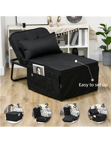 HOMCOM Fabric Sleeper Chair, Folding Chair Bed with Adjustable Backrest, Pillow, Side Pockets for Living Room, Black 839-669V71B