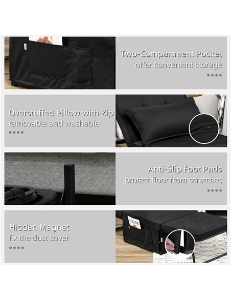 HOMCOM Fabric Sleeper Chair, Folding Chair Bed with Adjustable Backrest, Pillow, Side Pockets for Living Room, Black 839-669V71B - pic 92987 | FastDaddyshop