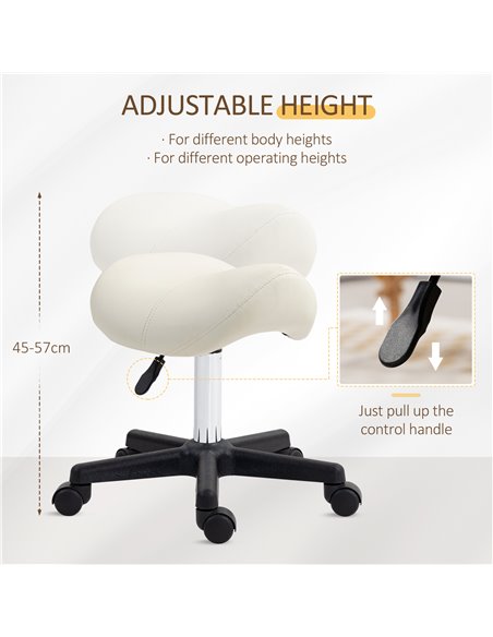 HOMCOM Saddle Stool, PU Leather Adjustable Rolling Salon Chair with Steel Frame for Massage, Spa, Beauty and Tattoo, White 503-0 - pic 93011 | FastDaddyshop