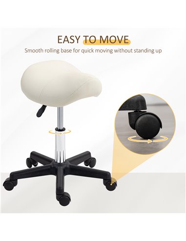 HOMCOM Saddle Stool, PU Leather Adjustable Rolling Salon Chair with Steel Frame for Massage, Spa, Beauty and Tattoo, White 503-0