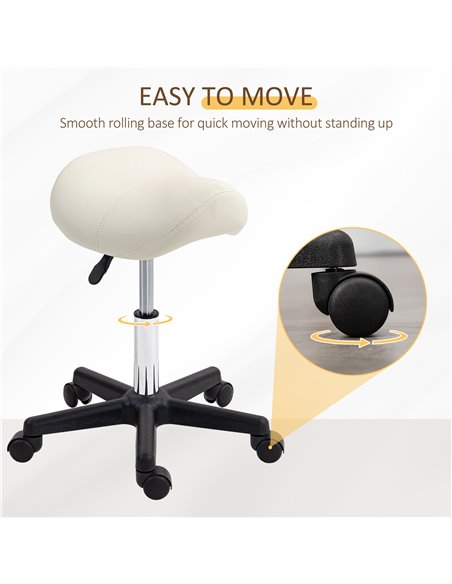 HOMCOM Saddle Stool, PU Leather Adjustable Rolling Salon Chair with Steel Frame for Massage, Spa, Beauty and Tattoo, White 503-0 - pic 93012 | FastDaddyshop