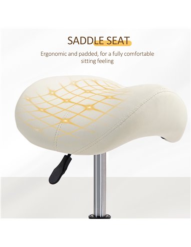 HOMCOM Saddle Stool, PU Leather Adjustable Rolling Salon Chair with Steel Frame for Massage, Spa, Beauty and Tattoo, White 503-0