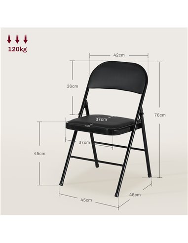 HOMCOM Padded Folding Chairs Set of 2 PU Leather Foldable Chairs with Cushioned Seat and Metal Frame for Home Office Dining, Bla