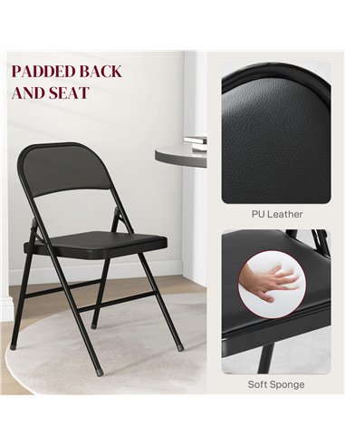 HOMCOM Padded Folding Chairs Set of 2 PU Leather Foldable Chairs with Cushioned Seat and Metal Frame for Home Office Dining, Bla