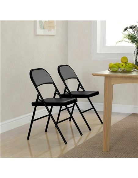 HOMCOM Padded Folding Chairs Set of 2 PU Leather Foldable Chairs with Cushioned Seat and Metal Frame for Home Office Dining, Bla - pic 93043 | FastDaddyshop