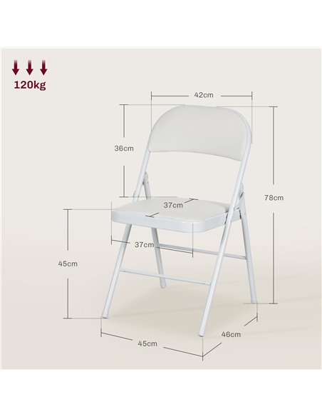 HOMCOM Padded Folding Chairs Set of 2 PU Leather Foldable Chairs with Cushioned Seat and Metal Frame for Home Office Dining, Whi - pic 93046 | FastDaddyshop