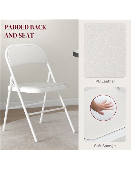 HOMCOM Padded Folding Chairs Set of 2 PU Leather Foldable Chairs with Cushioned Seat and Metal Frame for Home Office Dining, Whi - pic 93047 | FastDaddyshop