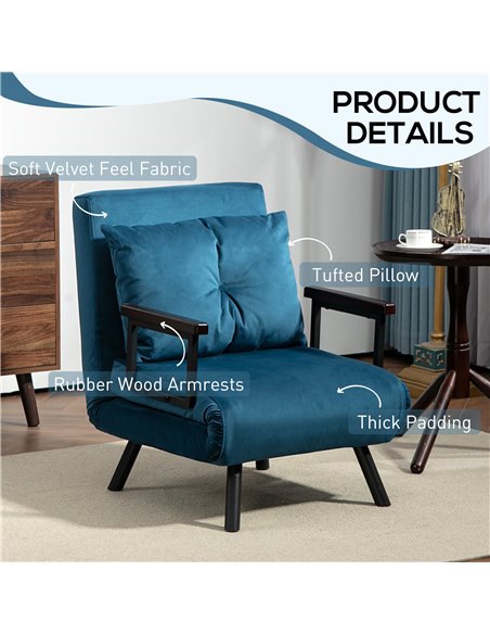 HOMCOM Click Clack Chair Bed, Convertible Single Chair Couch with 2 Cushions, for Living Room, Bedroom, Navy Blue 839-834V70NU - pic 93085 | FastDaddyshop