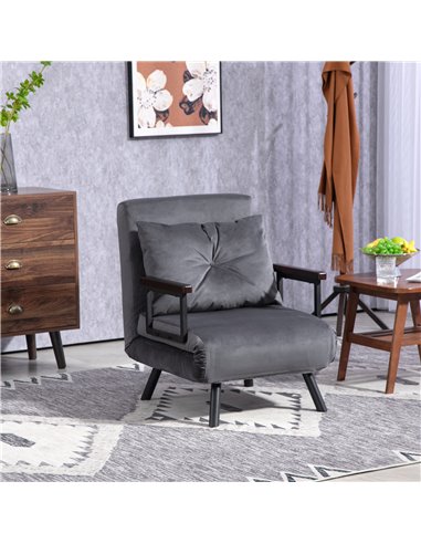 HOMCOM 4-in-1 Velvet-Feel Single Chair Bed, with Pillow - Charcoal Grey 839-834V70CG