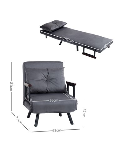 HOMCOM 4-in-1 Velvet-Feel Single Chair Bed, with Pillow - Charcoal Grey 839-834V70CG